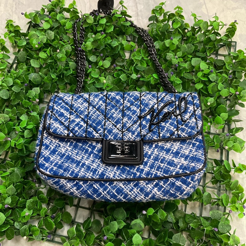 Karl Lagerfeld Signature Blue Tweed Shoulder Bag
